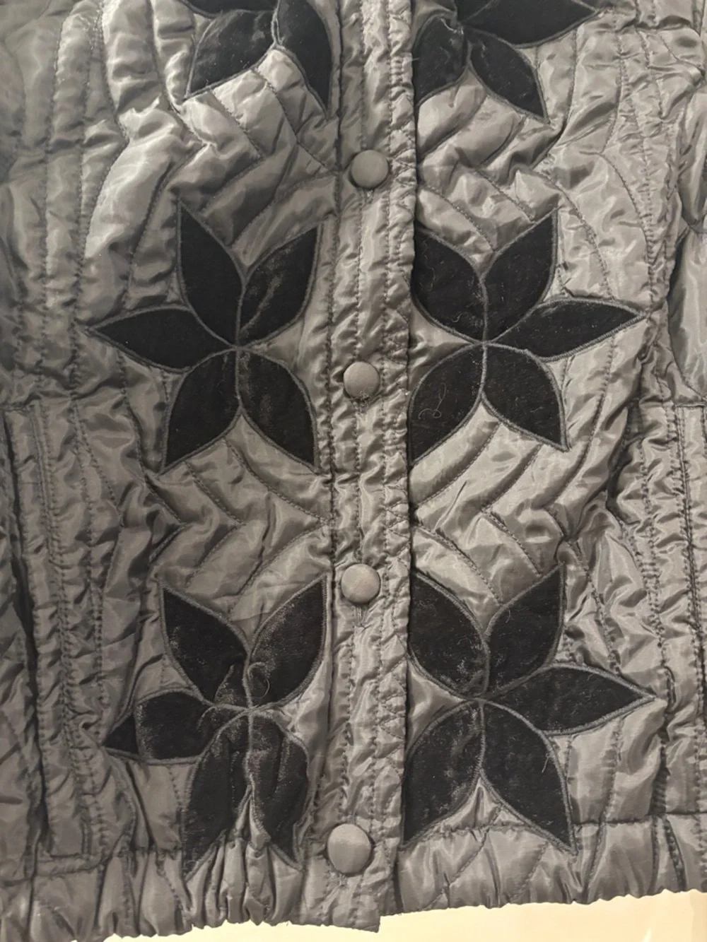 Free People | Black Quilted Jacket with Velvet Floral Appliqués - Picture 3 of 6
